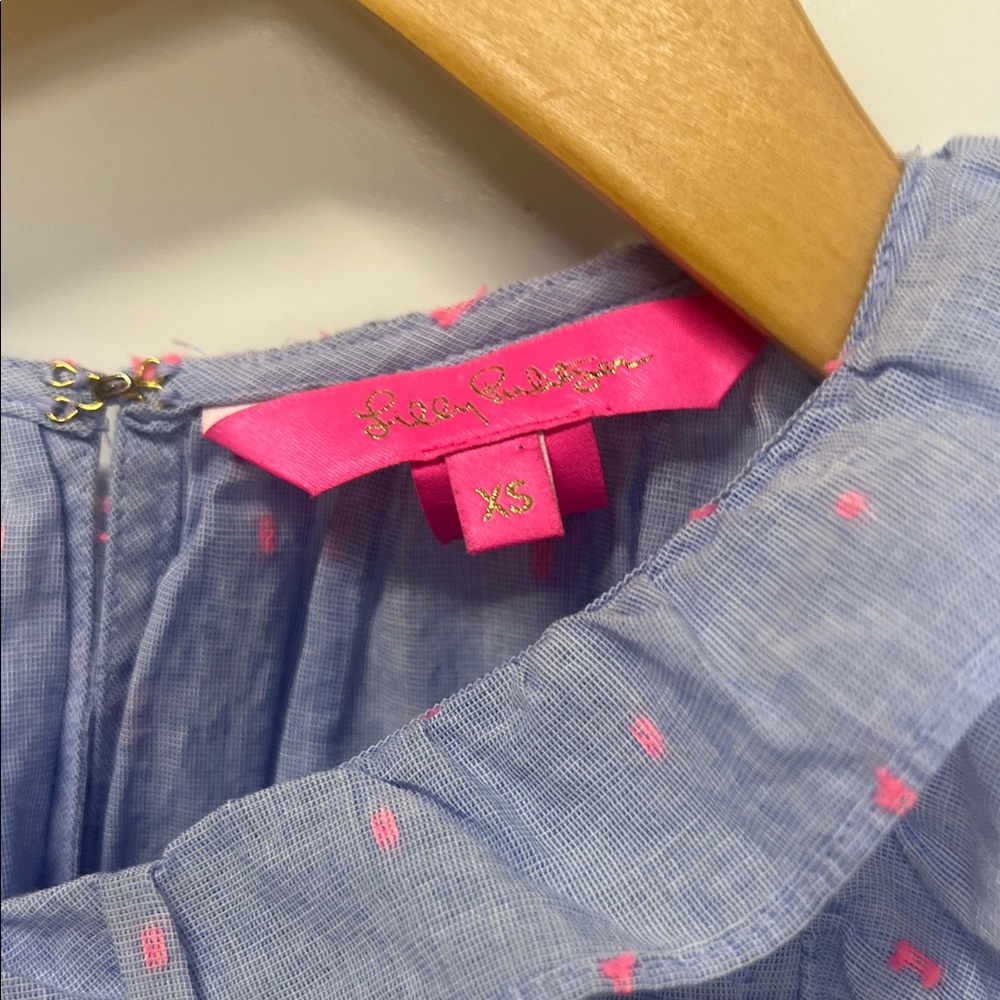 Lilly Pulitzer Top, Ruffle, Sleeveless, Blue w/Pink, Flowy, Feminine - Picture 2 of 12